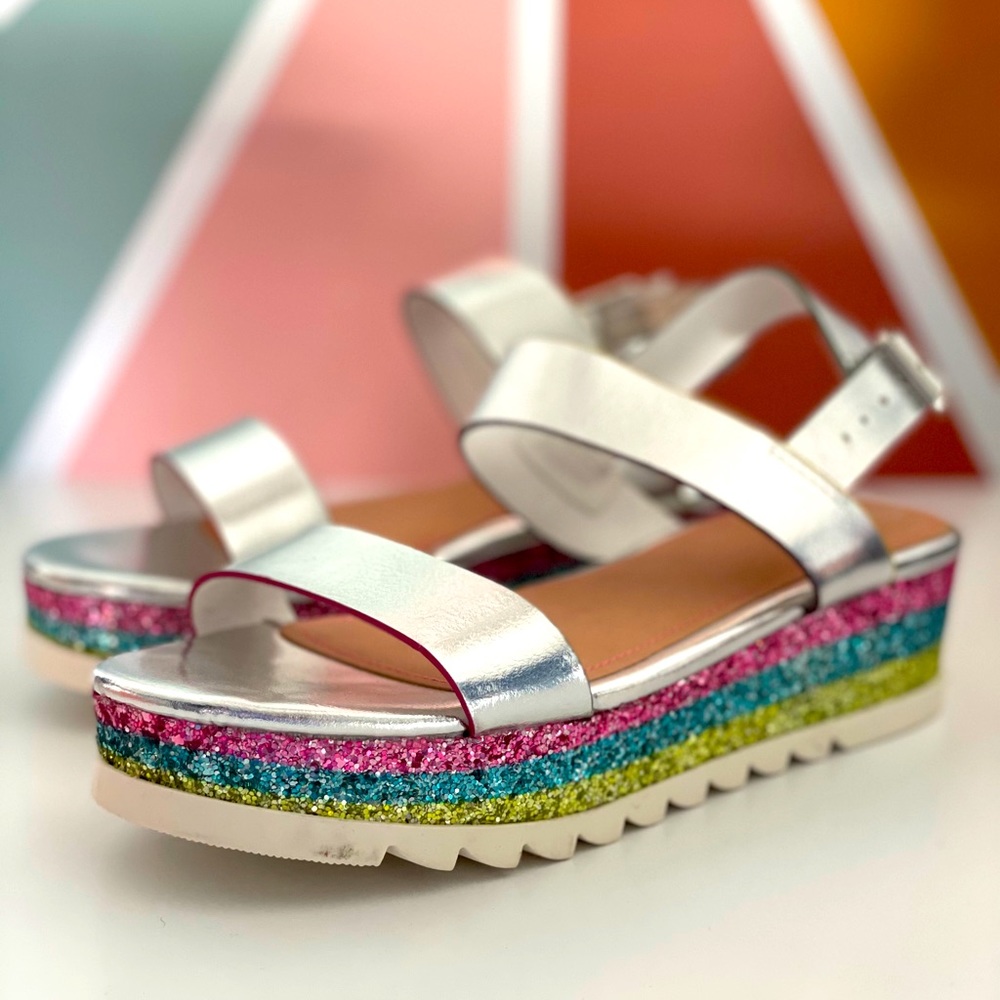 Silver and glitter platform sandals w/ retro vibes